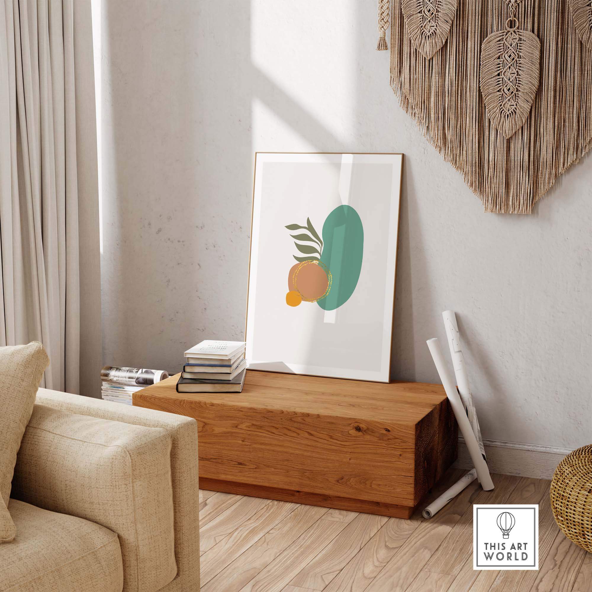 Mid-century wall art featuring abstract shapes and colors, enhancing modern home decor in a stylish living room.