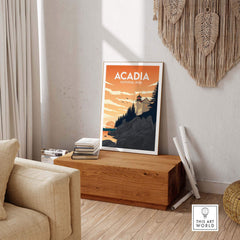 Acadia National Park wall art print showcasing a vintage-inspired design in a stylish home setting.