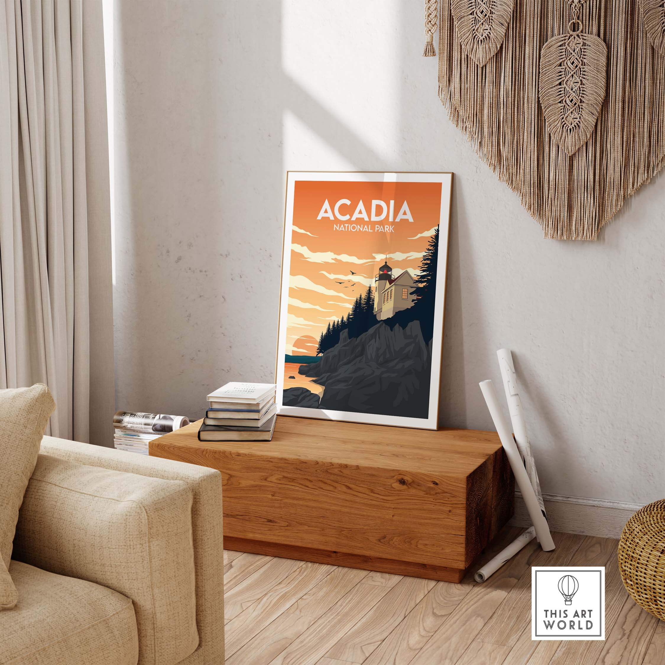 Acadia National Park wall art print showcasing a vintage-inspired design in a stylish home setting.