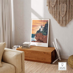 Acadia Poster Print Wall Art showcasing a lighthouse by the sea in a stylish living room setting.