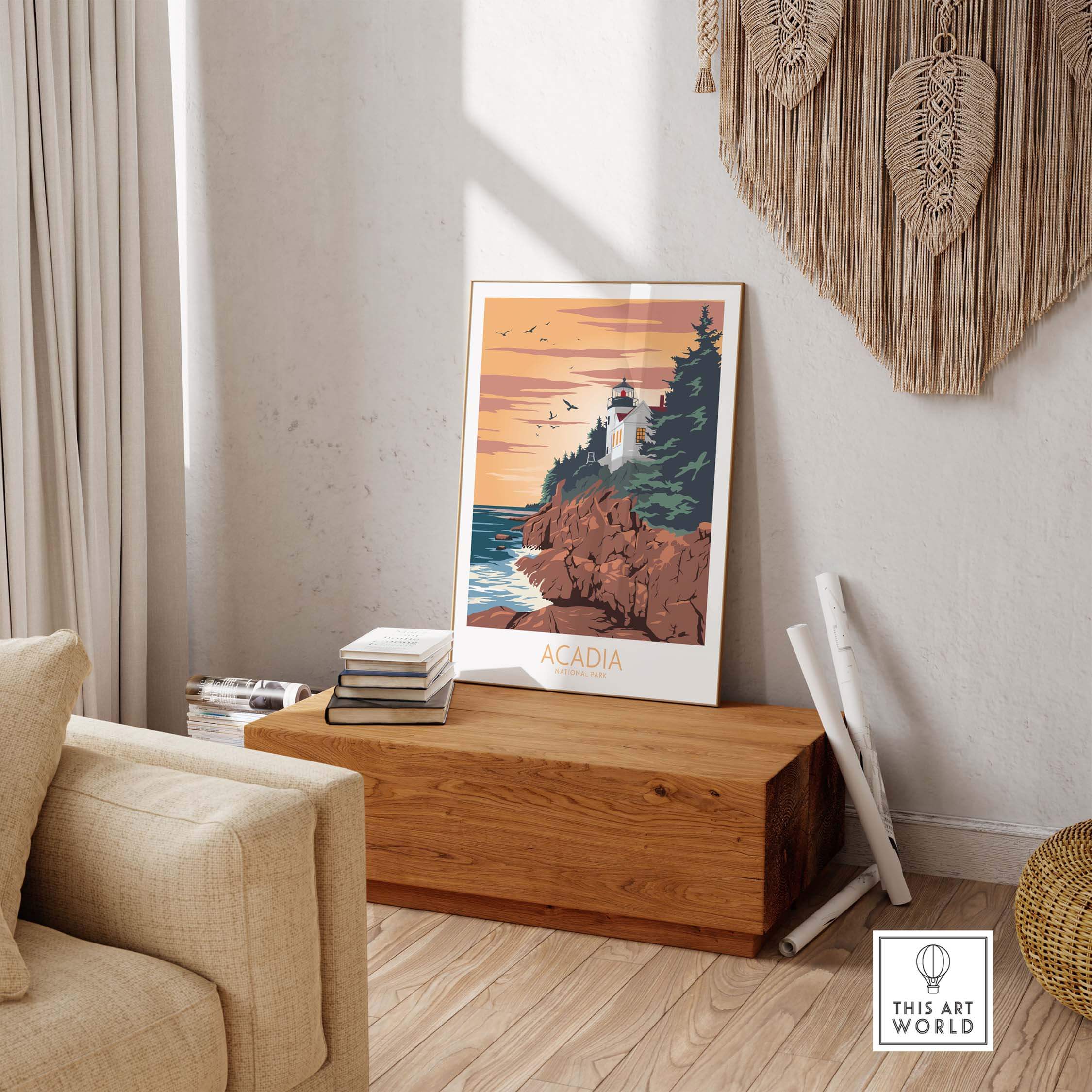Acadia Poster Print Wall Art showcasing a lighthouse by the sea in a stylish living room setting.