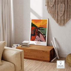 Acadia Print Wall Art Poster displayed in a cozy living room, capturing vintage travel aesthetic and outdoor beauty.