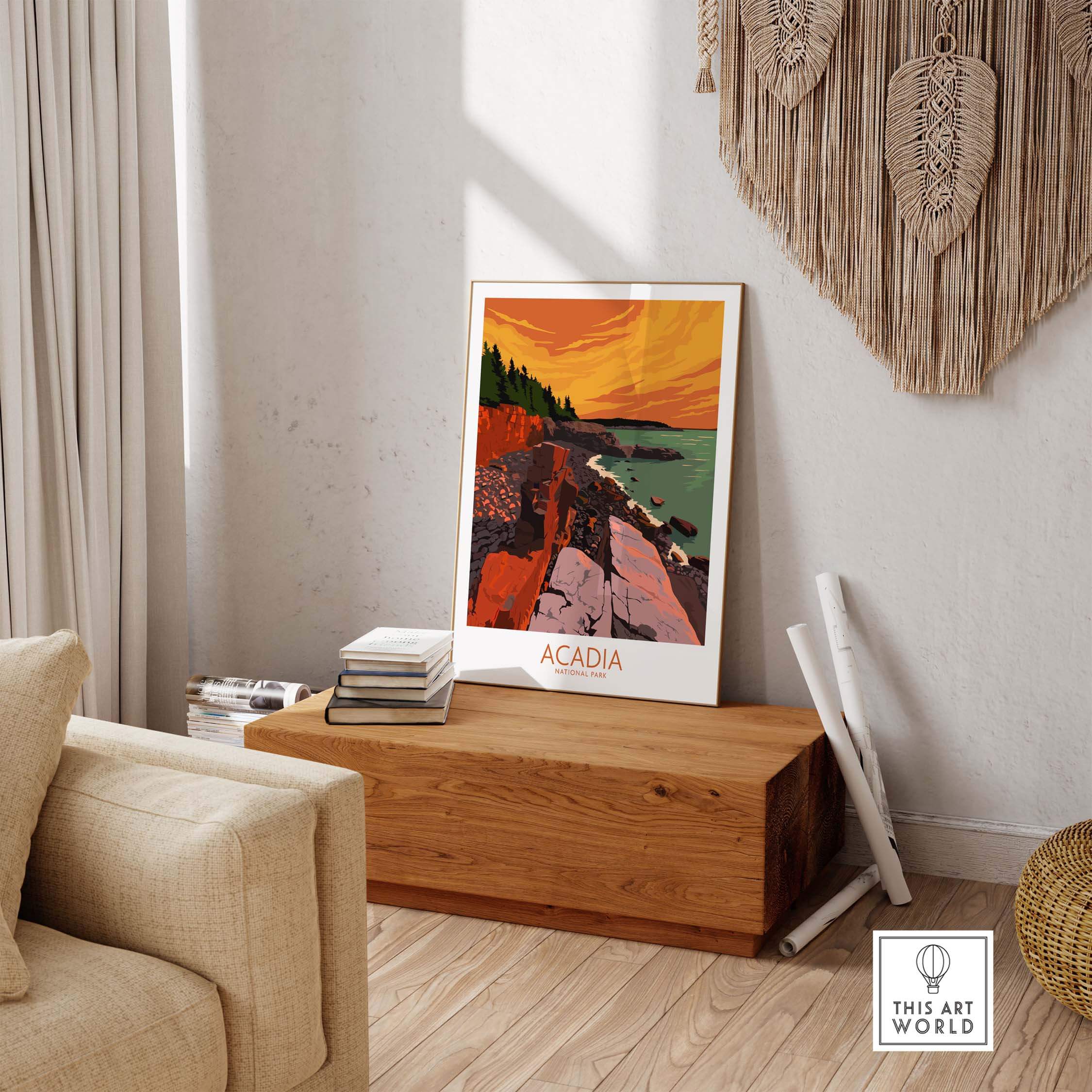 Acadia Print Wall Art Poster displayed in a cozy living room, capturing vintage travel aesthetic and outdoor beauty.