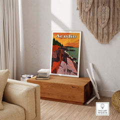 Acadia National Park Print displayed in a stylish living room, showcasing vibrant colors and vintage-inspired design.