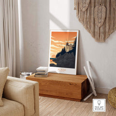 Acadia National Park poster displayed in a stylish living room with minimalist decor and natural light.