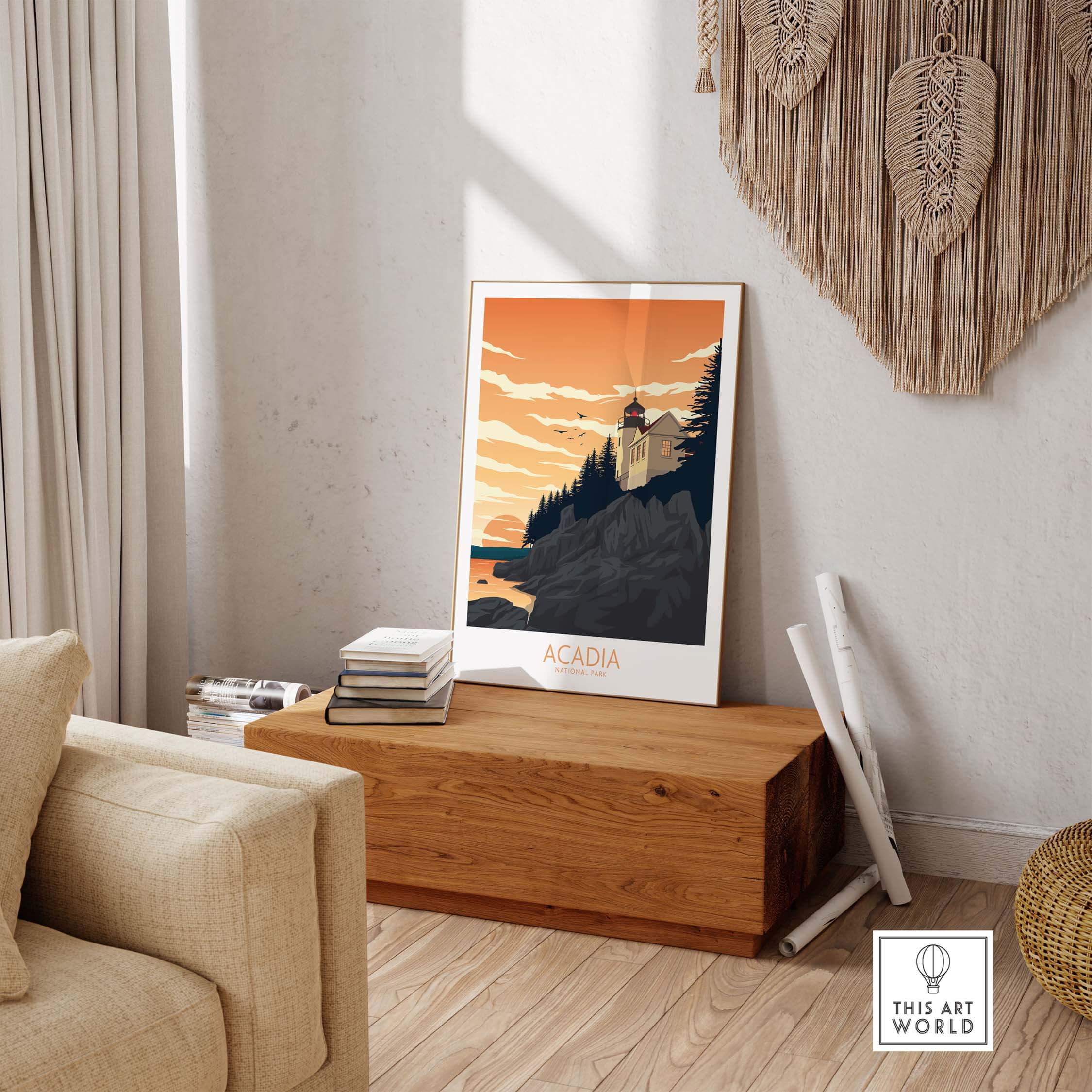 Acadia National Park poster displayed in a stylish living room with minimalist decor and natural light.