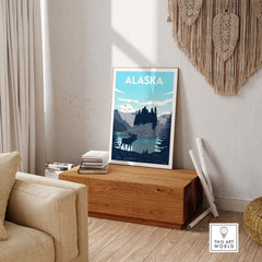 Alaska Poster Wall Art Print showcasing vibrant scenery and mountains, perfect for nature lovers' home decor.
