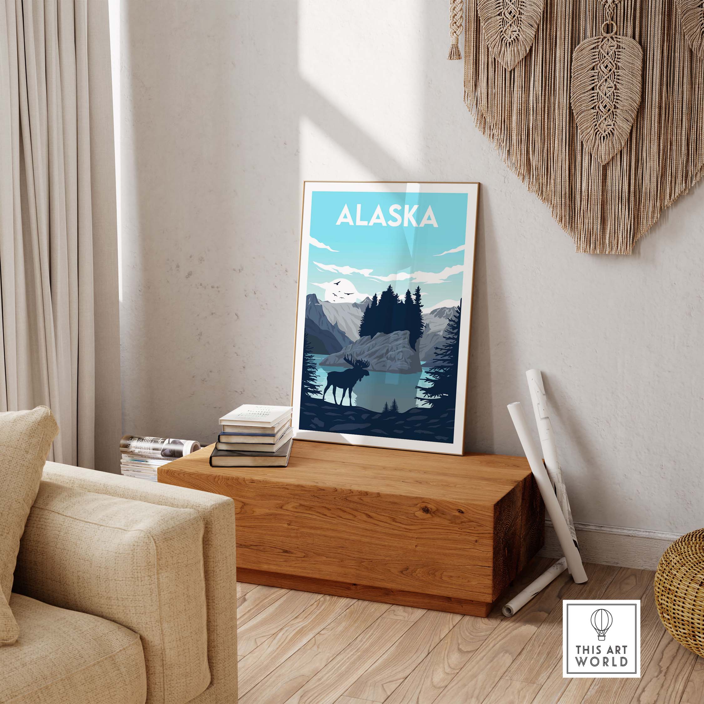 Alaska Poster Wall Art Print showcasing vibrant scenery and mountains, perfect for nature lovers' home decor.