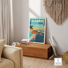 Algarve Poster Portugal displayed in a cozy living room, showcasing vintage travel art for stylish wall decoration.