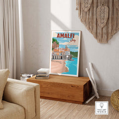 Vintage Amalfi Coast Italy print wall art displayed in a stylish living room setting.