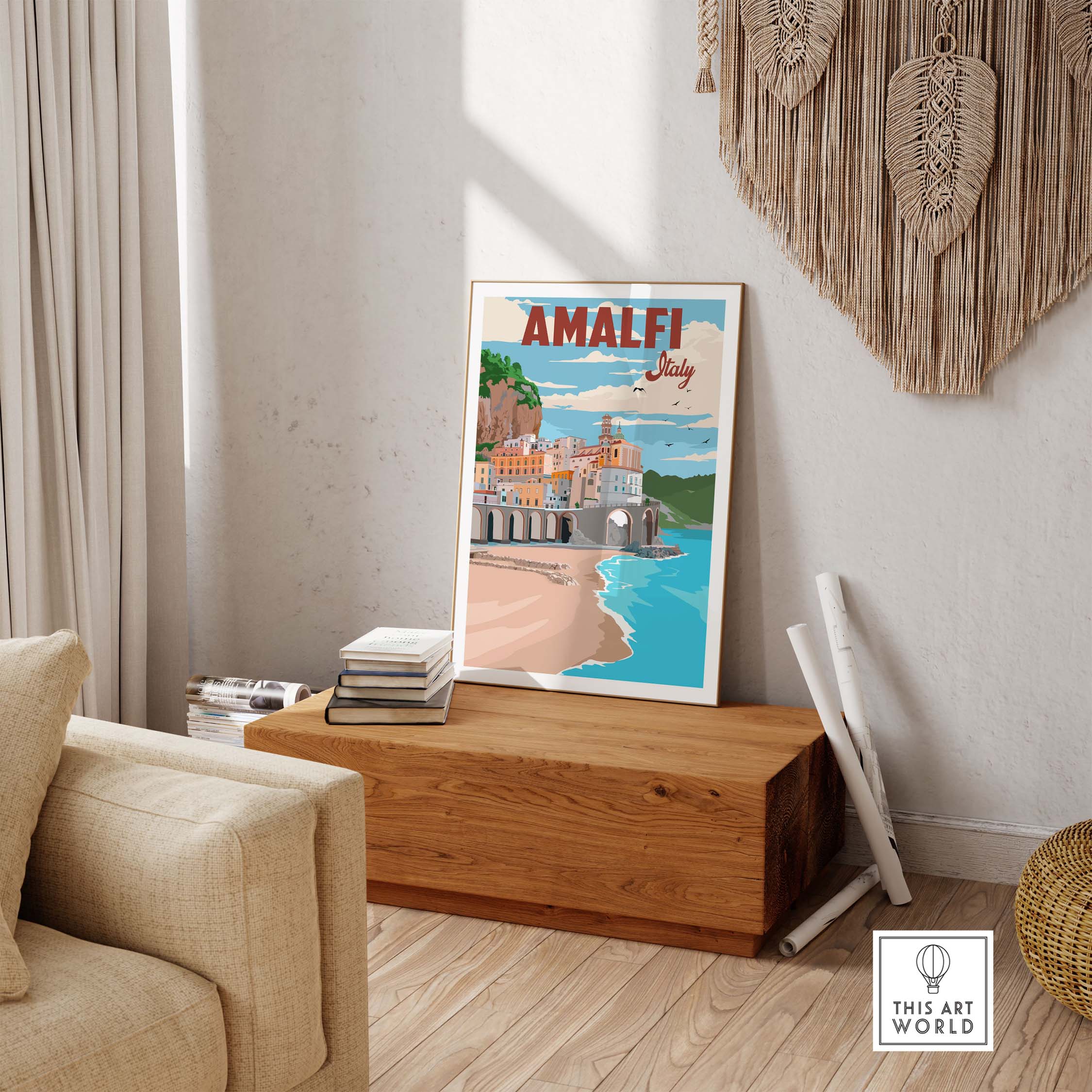 Vintage Amalfi Coast Italy print wall art displayed in a stylish living room setting.