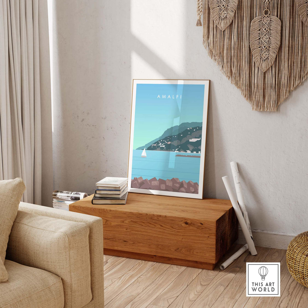Framed Amalfi Coast print in a stylish interior, perfect for travel enthusiasts and home decor.