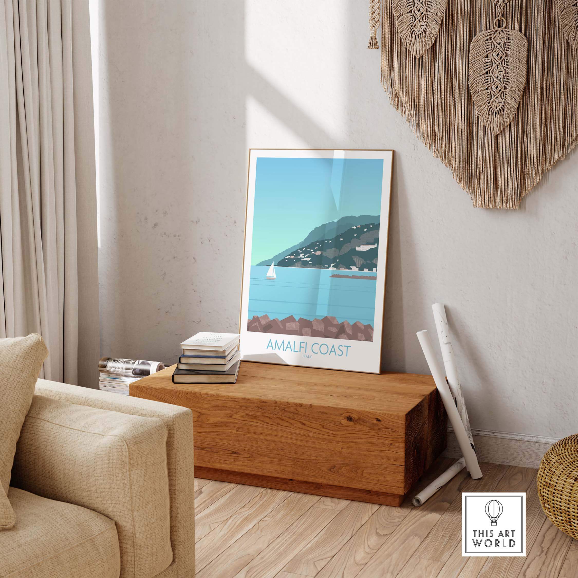 Amalfi Coast Print displayed in a stylish interior setting, highlighting vintage travel art inspiration.