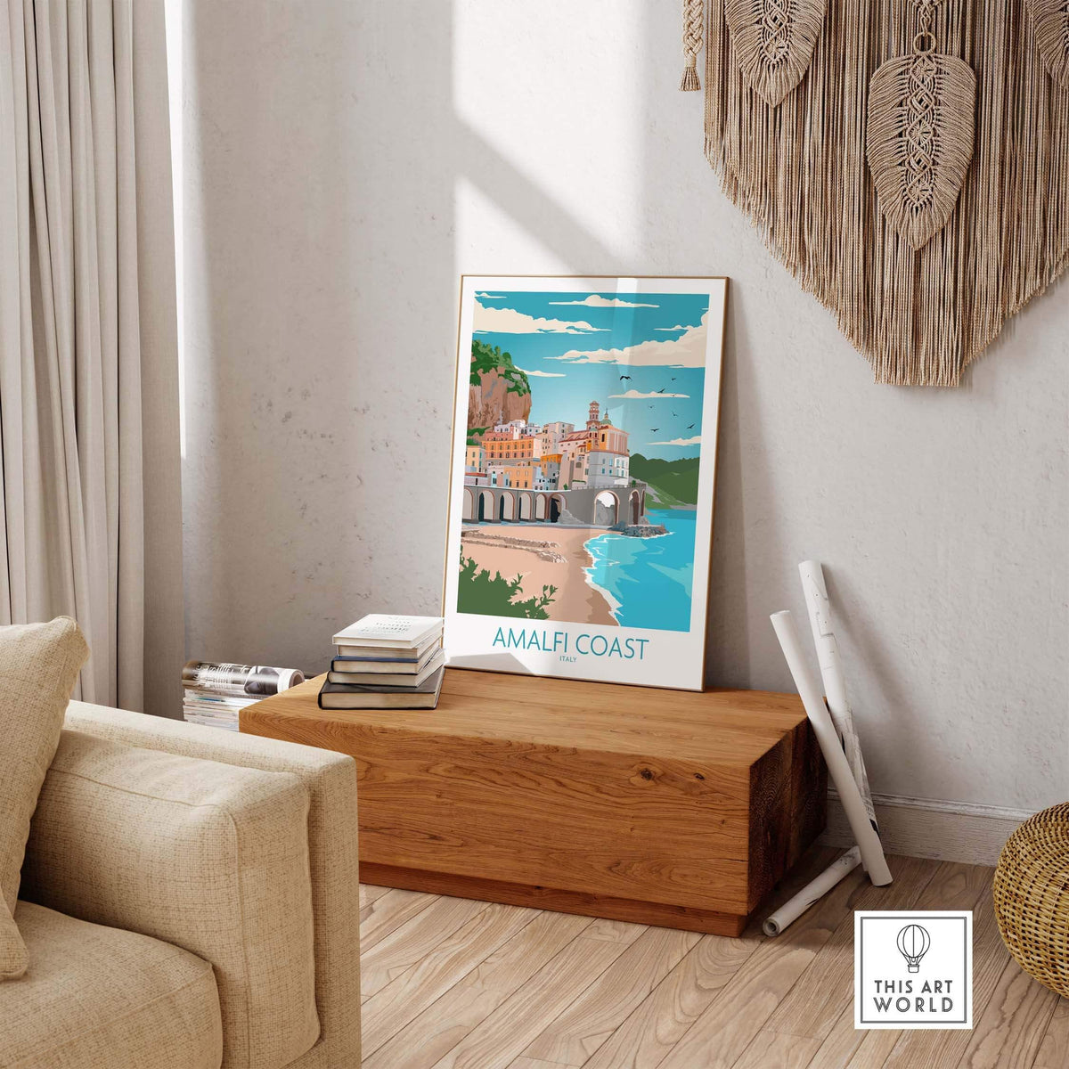 Amalfi Coast Poster displayed in a stylish interior, capturing vintage travel vibes for home decoration.