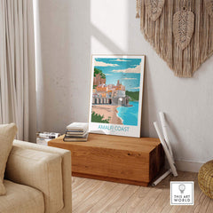 Amalfi Coast Poster displayed in a stylish interior, capturing vintage travel vibes for home decoration.