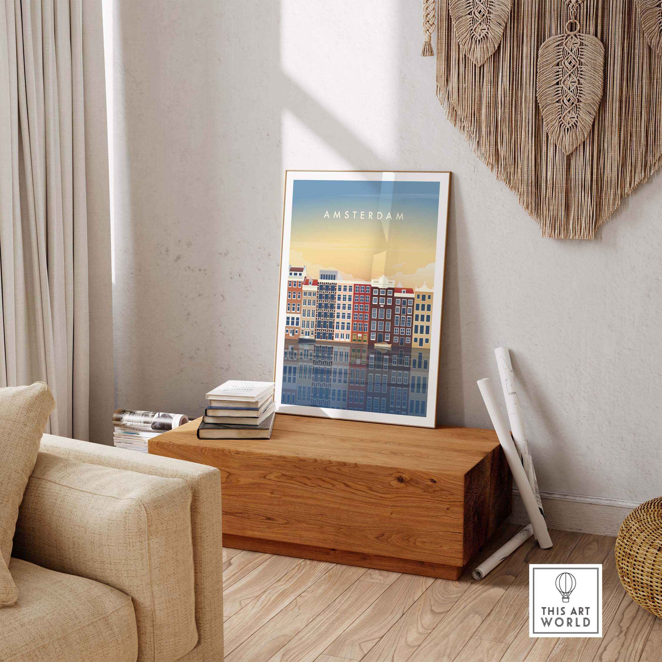Amsterdam Wall Art Poster Print displayed in a cozy interior with wooden decor and modern furnishings.