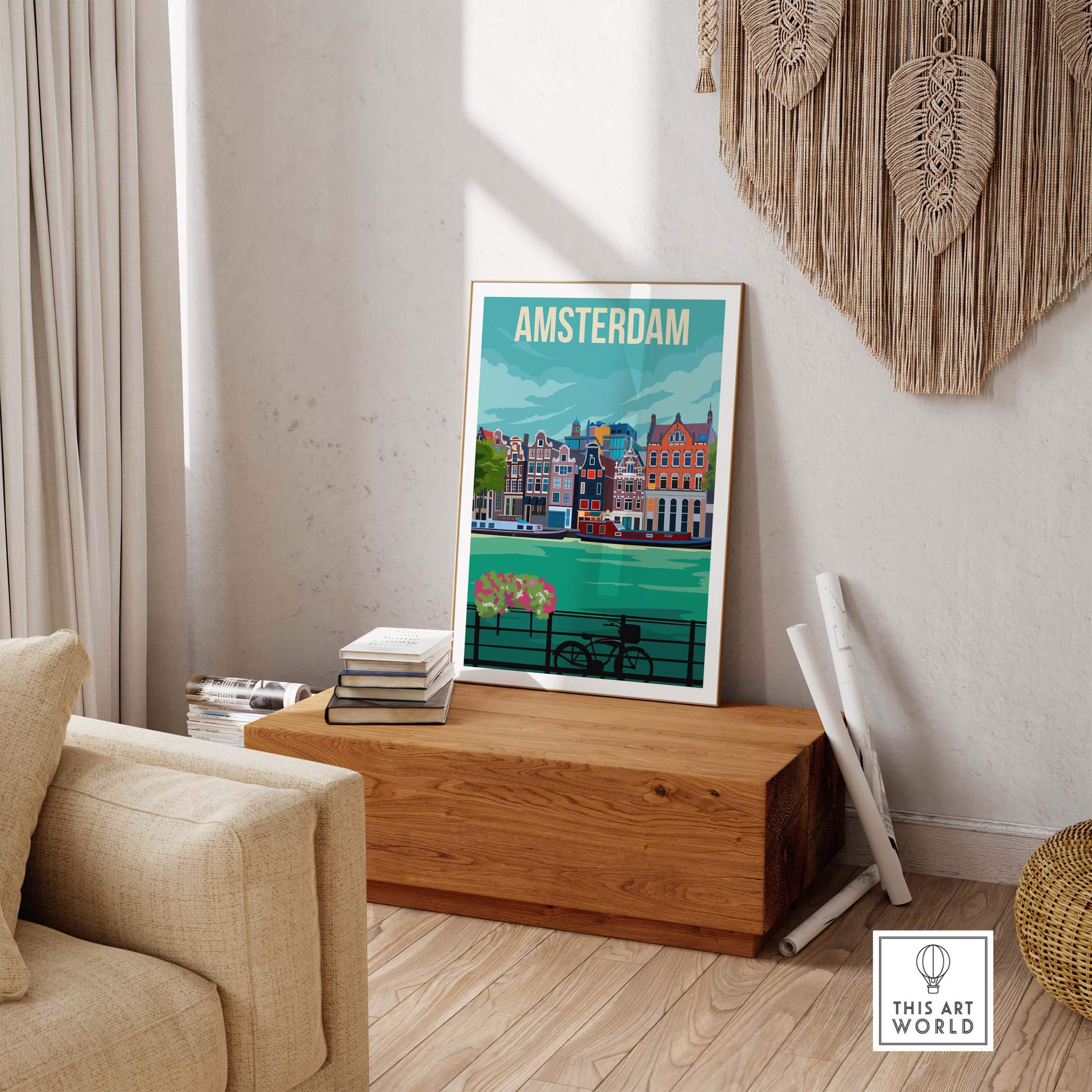 Vintage Amsterdam print poster art featuring Dutch canal houses, displayed in a stylish home interior.