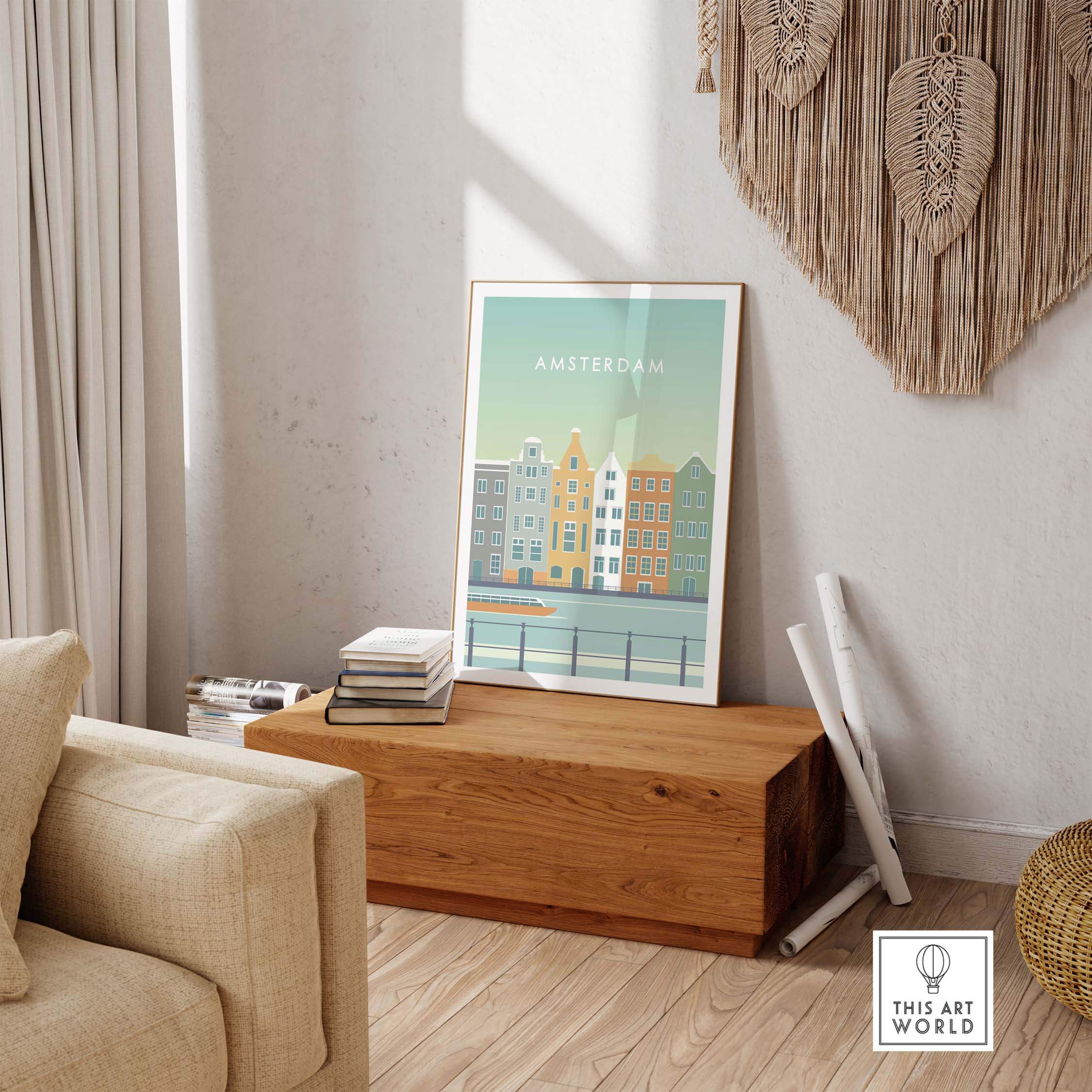 Amsterdam canal houses wall art poster displayed in a modern living room with natural decor and furniture.