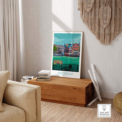 Amsterdam Poster Print in a stylish living room showcasing vibrant canal scenery and vintage design.
