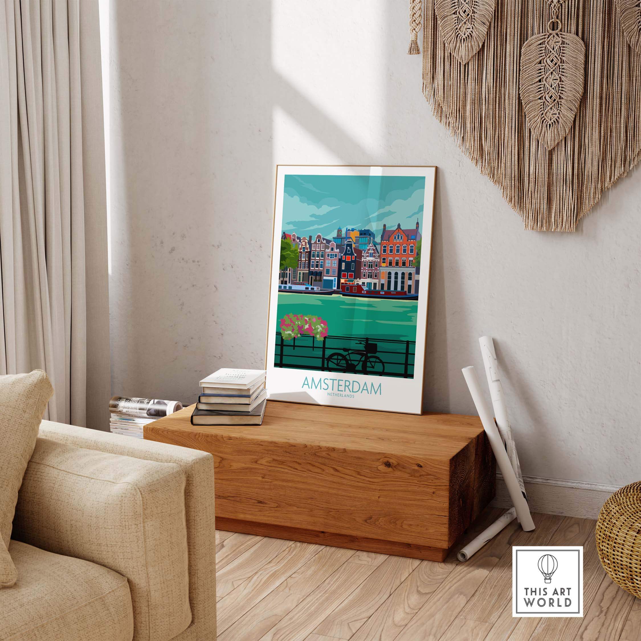 Amsterdam Poster Print in a stylish living room showcasing vibrant canal scenery and vintage design.