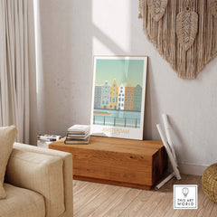 Amsterdam print on display in a cozy living room, featuring vintage-inspired architectural designs by This Art World.