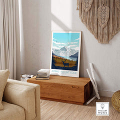 Mount Cook Aoraki poster displayed in a stylish living room, showcasing vintage travel art for home decor.