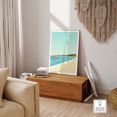Aruba wall art print featuring flamingos by the beach in a minimalist style, perfect for home decor.