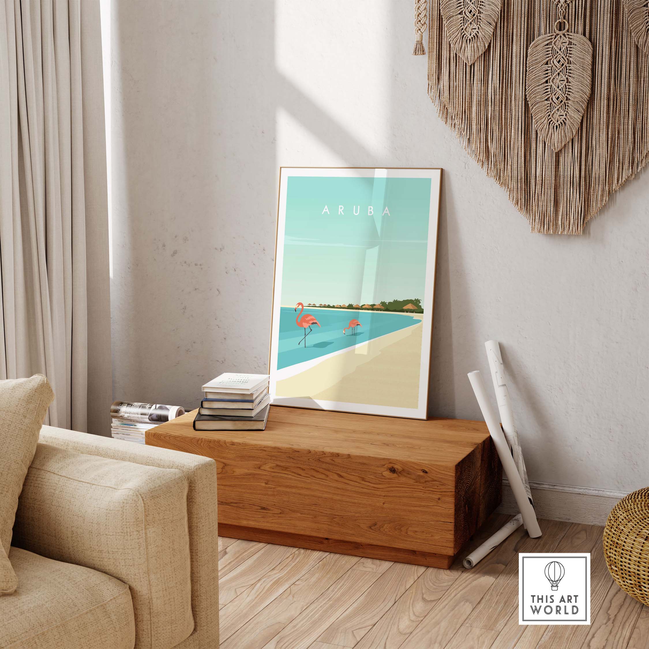 Aruba wall art print featuring flamingos by the beach in a minimalist style, perfect for home decor.