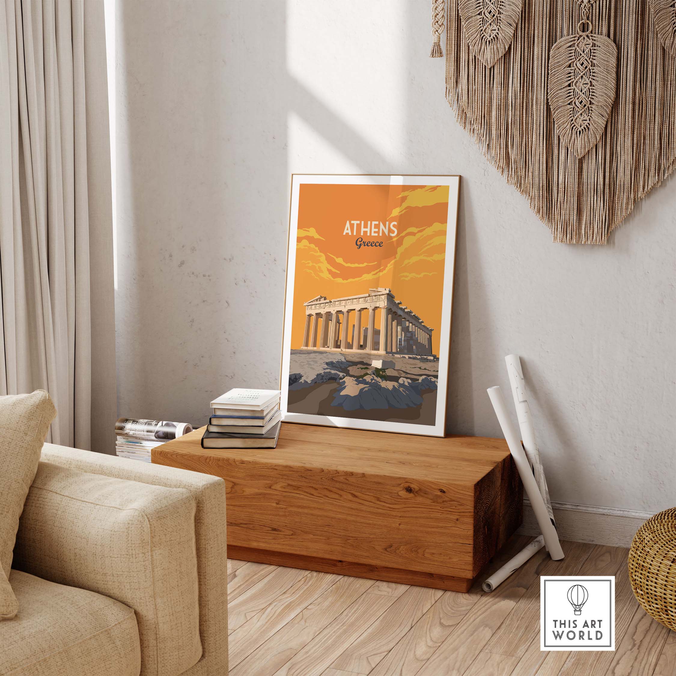 Athens Print Greece Poster displayed in a stylish interior, perfect for travel inspiration and home decor.