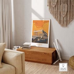 Athens poster featuring the Parthenon, displayed in a cozy interior setting, perfect for travel enthusiasts.