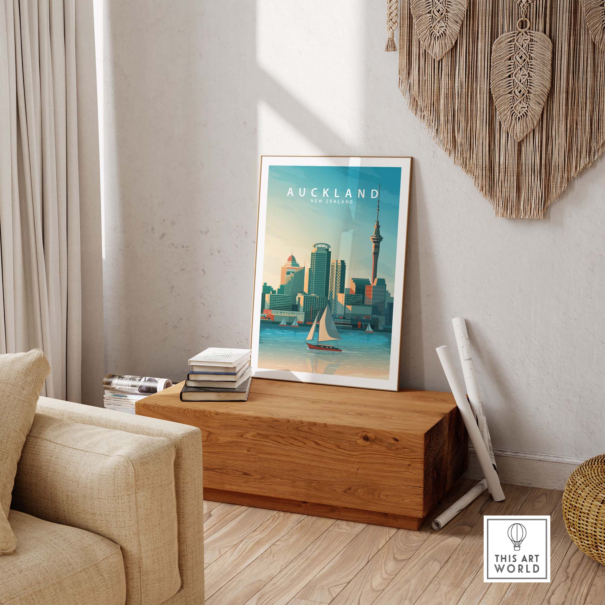 Auckland travel poster print displayed in a stylish living room, featuring vintage-inspired art with city skyline and sailboat.