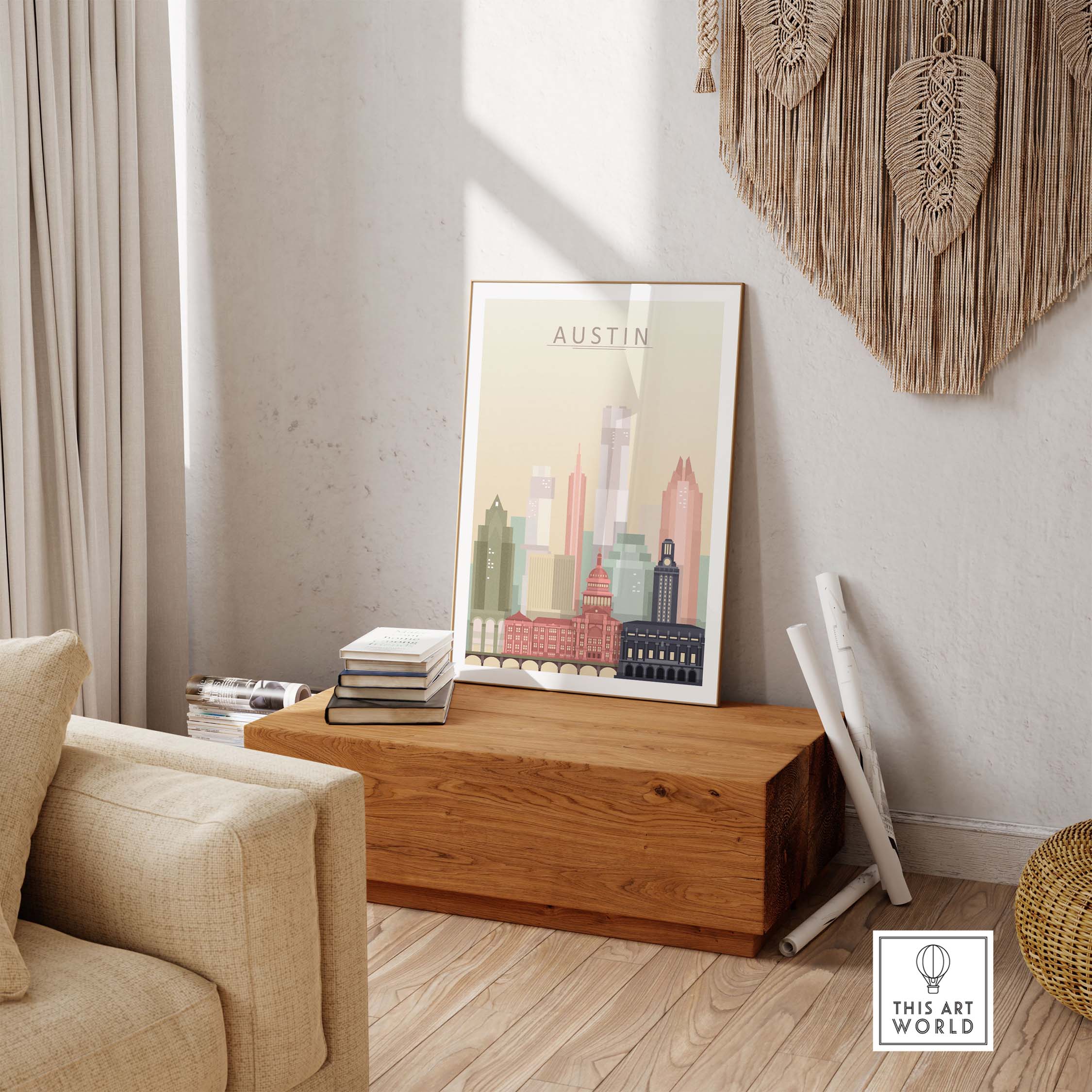 Austin Texas skyline wall art print in a modern living room setting, featuring pastel tones and stylish decor.