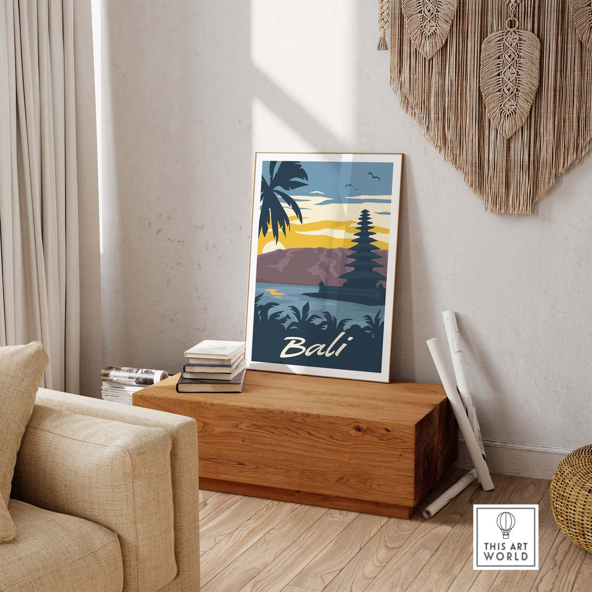 Bali Poster Wall Art Print showcasing a scenic sunset with palm trees in a stylish interior setting.
