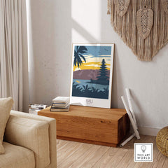 Bali travel poster showcasing a tropical sunset, perfect for adding wanderlust vibes to home decor.