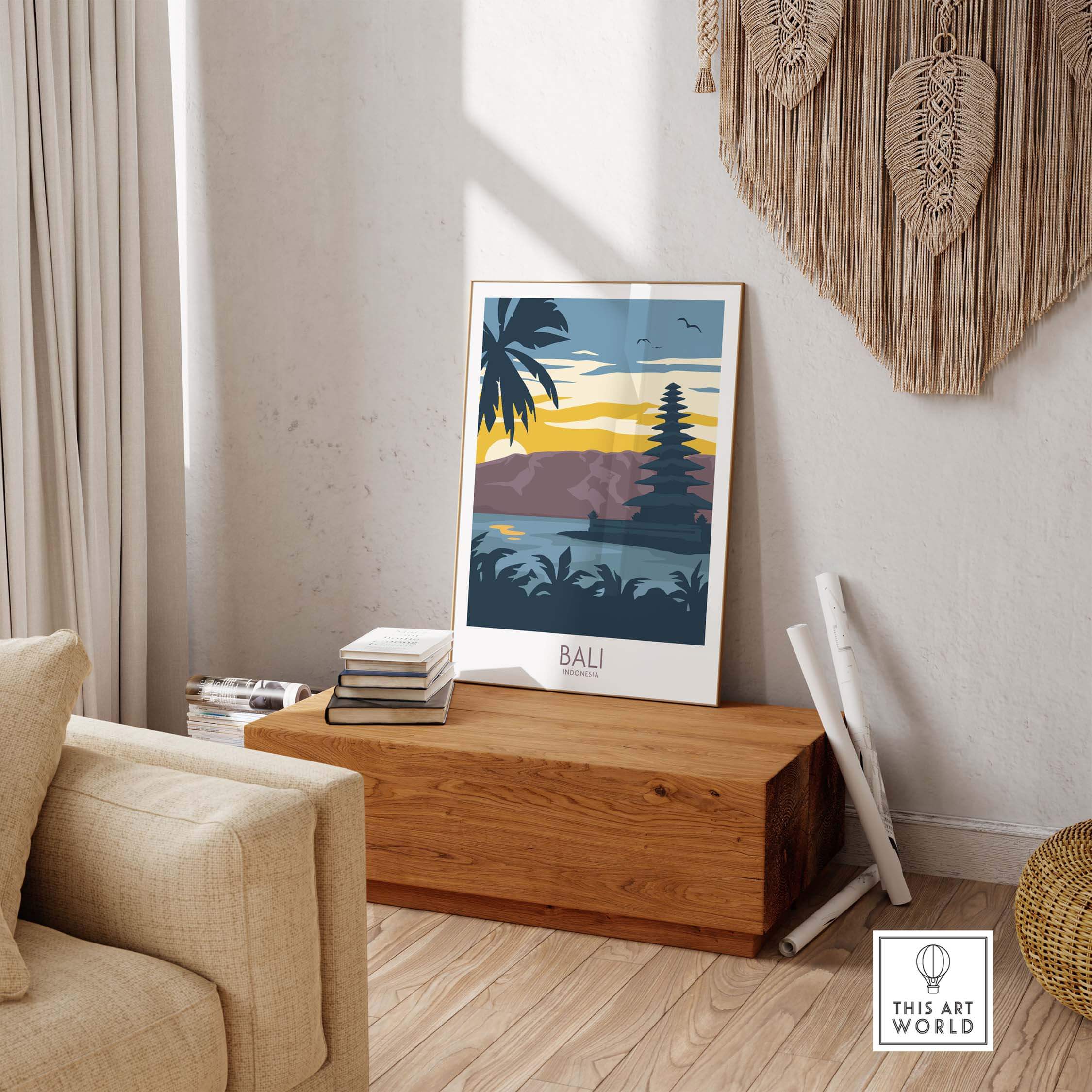Bali travel poster showcasing a tropical sunset, perfect for adding wanderlust vibes to home decor.