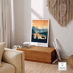 Banff National Park poster art print displayed in a cozy living room setting with stylish decor.