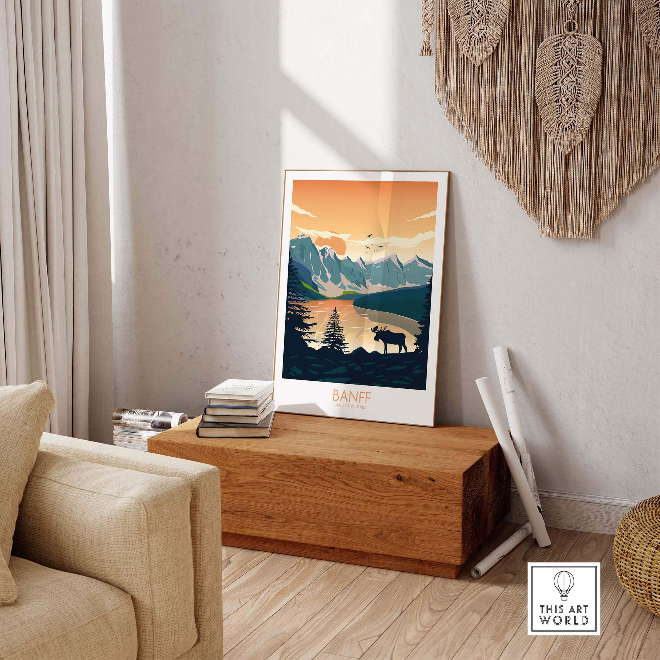Banff National Park poster art print displayed in a cozy living room setting with stylish decor.