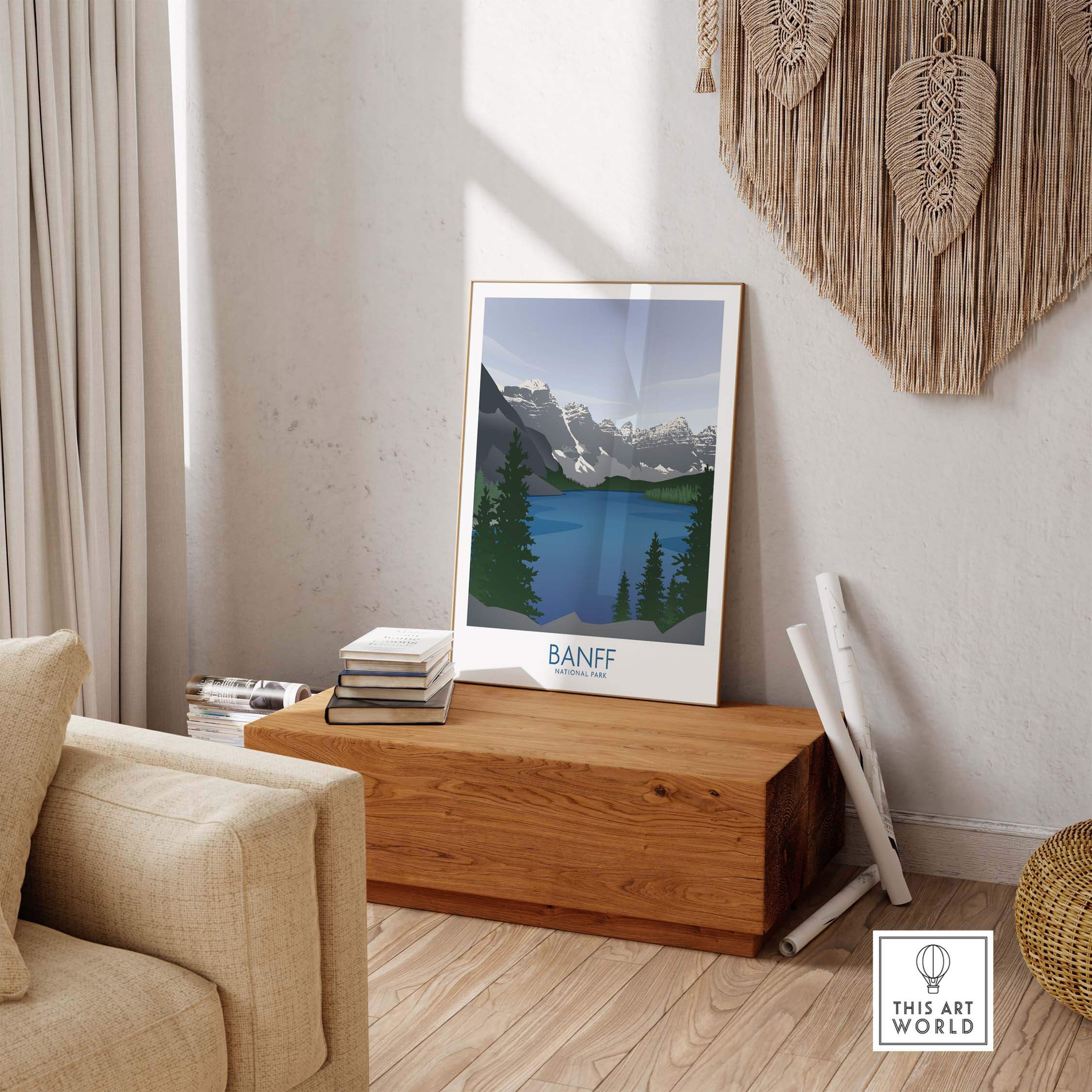 Banff National Park art print featuring mountains and lake, styled in a minimalist design, in a cozy living room.