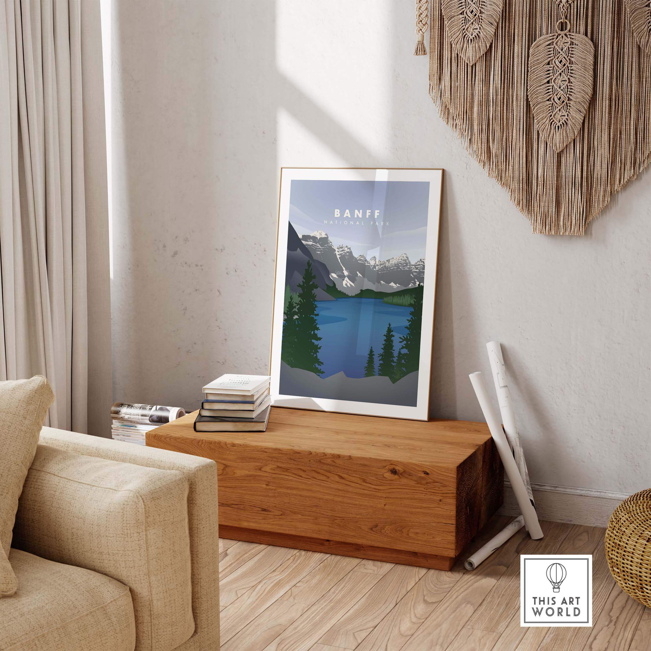 Banff National Park art print in a stylish living room setting, showcasing minimalist mountain design.