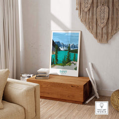 Banff Poster Print Wall Art showcasing mountains and lake in a modern interior setting, perfect for home decor.