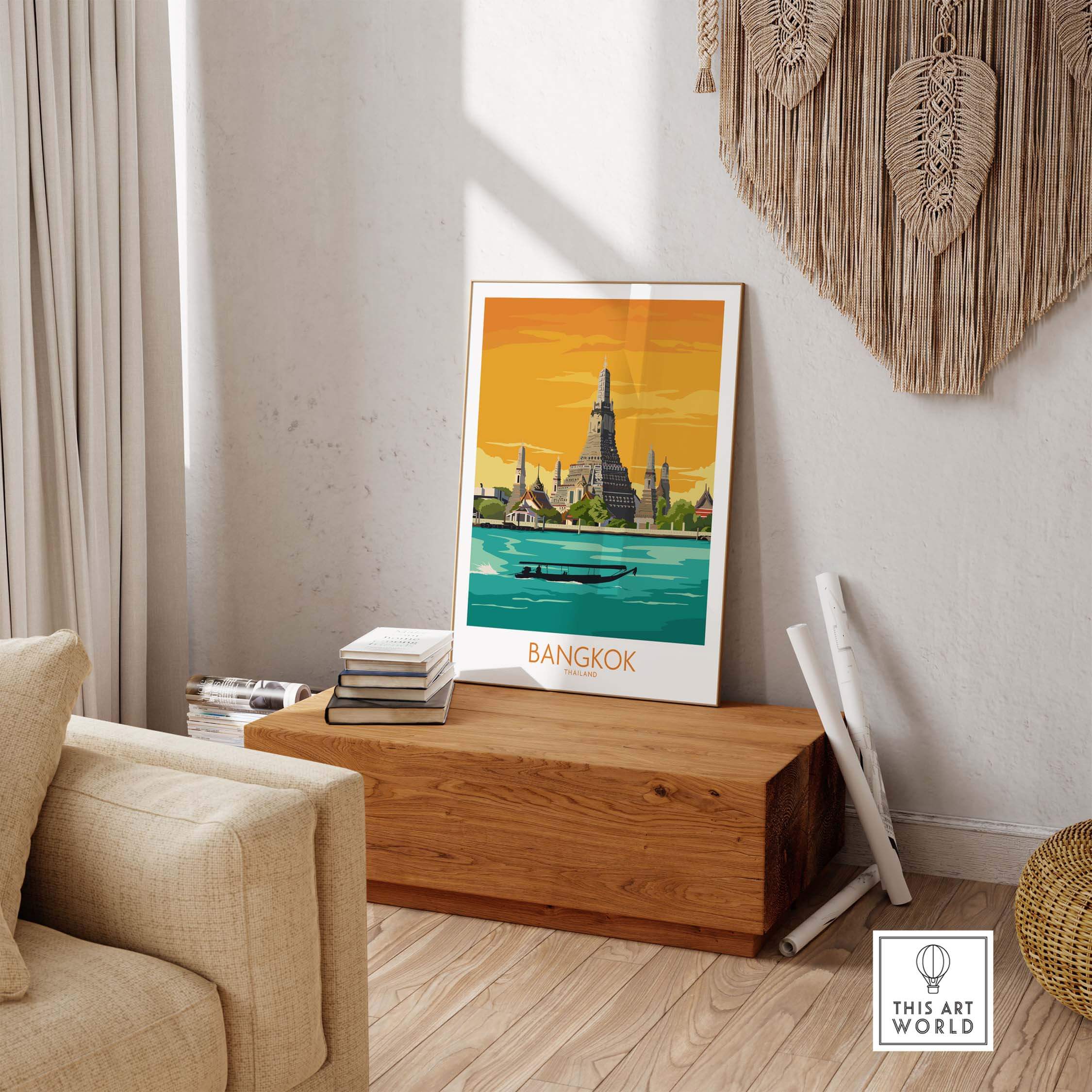 Framed Bangkok travel poster showcasing a vibrant scene of Thai architecture and nature in a stylish home setting.
