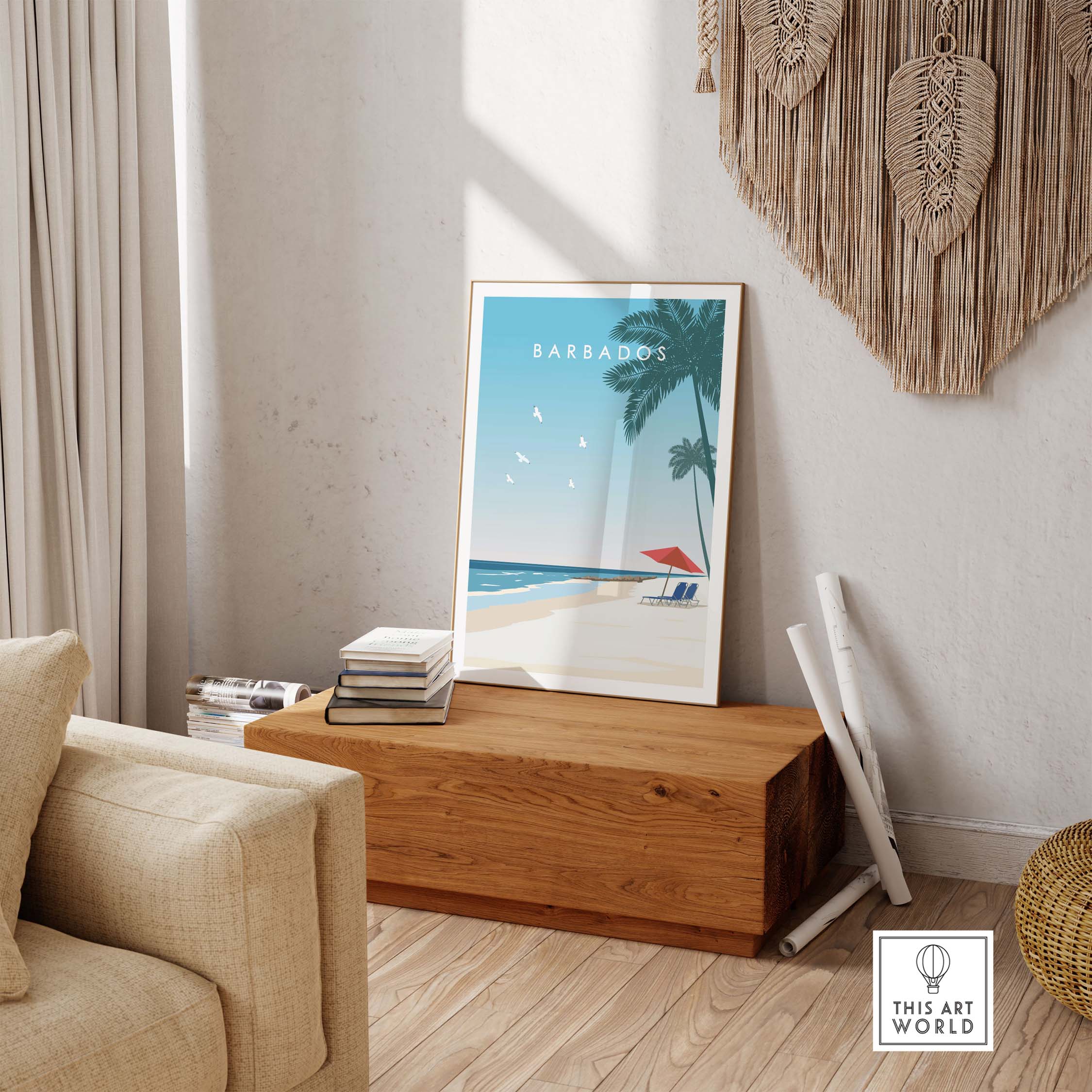 Barbados poster showcasing a beach scene with palm trees, perfect for travel-inspired wall art in home decor.