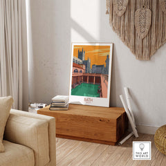 Vintage Bath Poster print showcasing England's historic architecture in a stylish home setting.