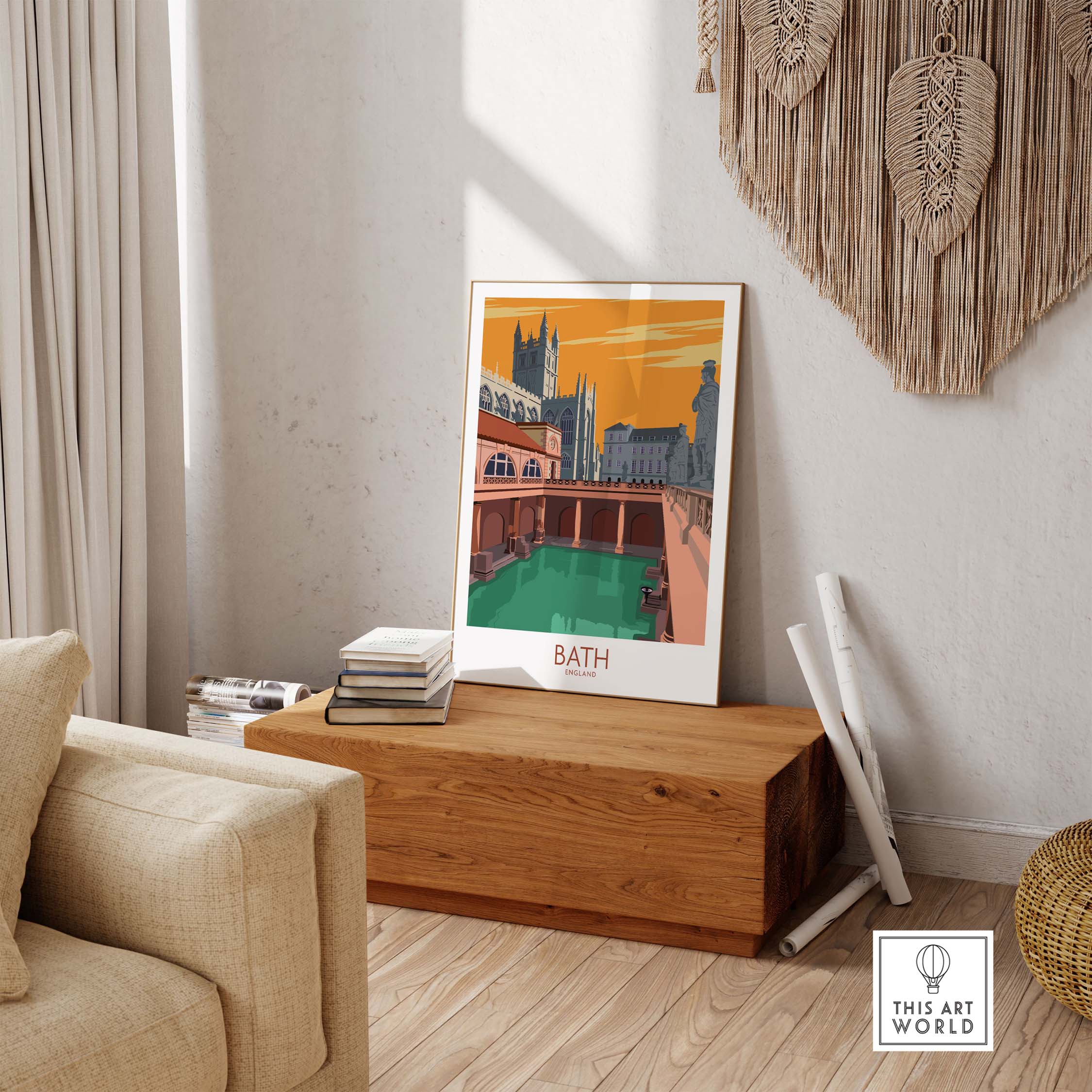 Vintage Bath Poster print showcasing England's historic architecture in a stylish home setting.