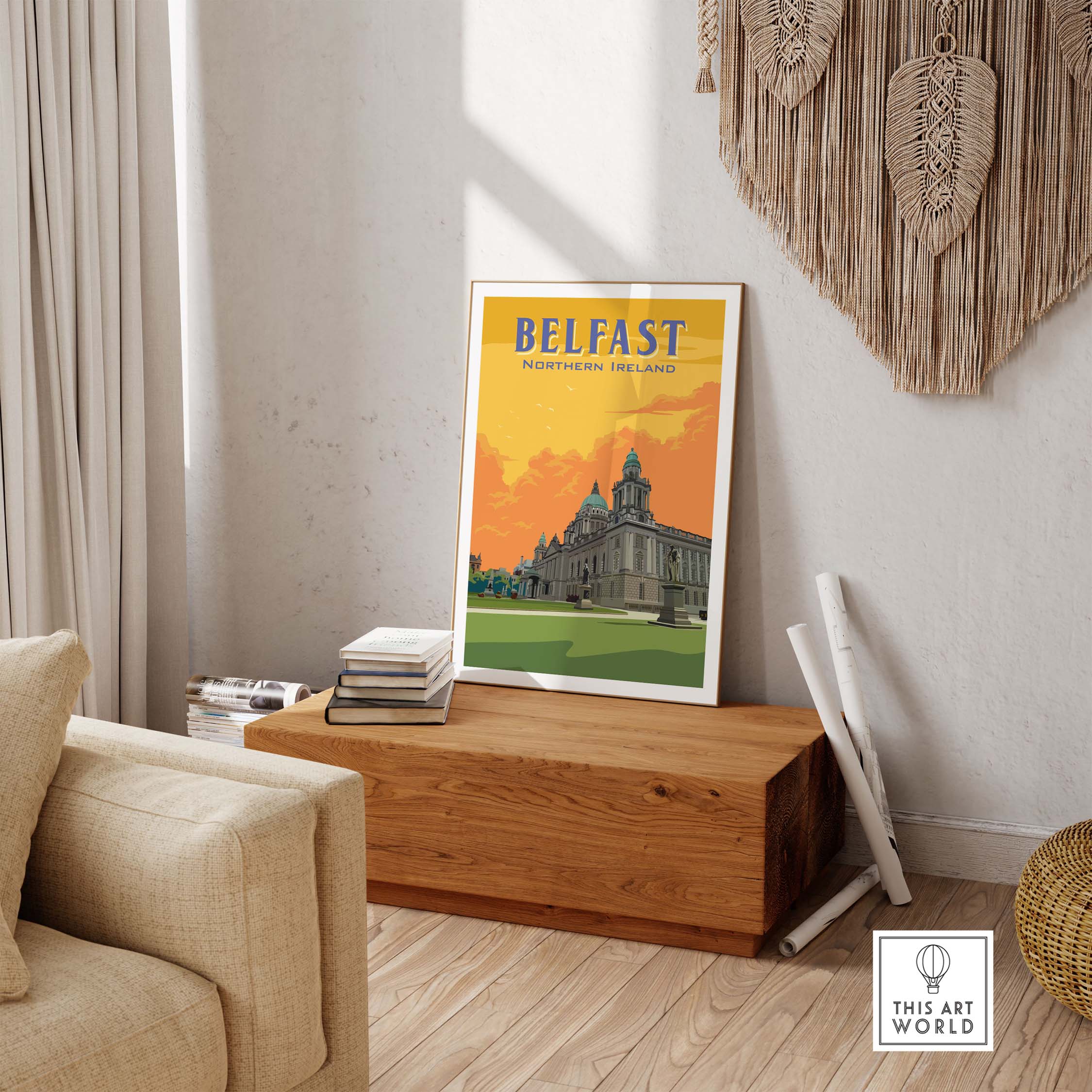 Belfast Print Northern Ireland displayed in stylish interior, capturing vintage travel art for home decor.