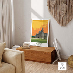 Belfast poster displayed in a stylish living room, featuring vintage-inspired travel art for home decor.