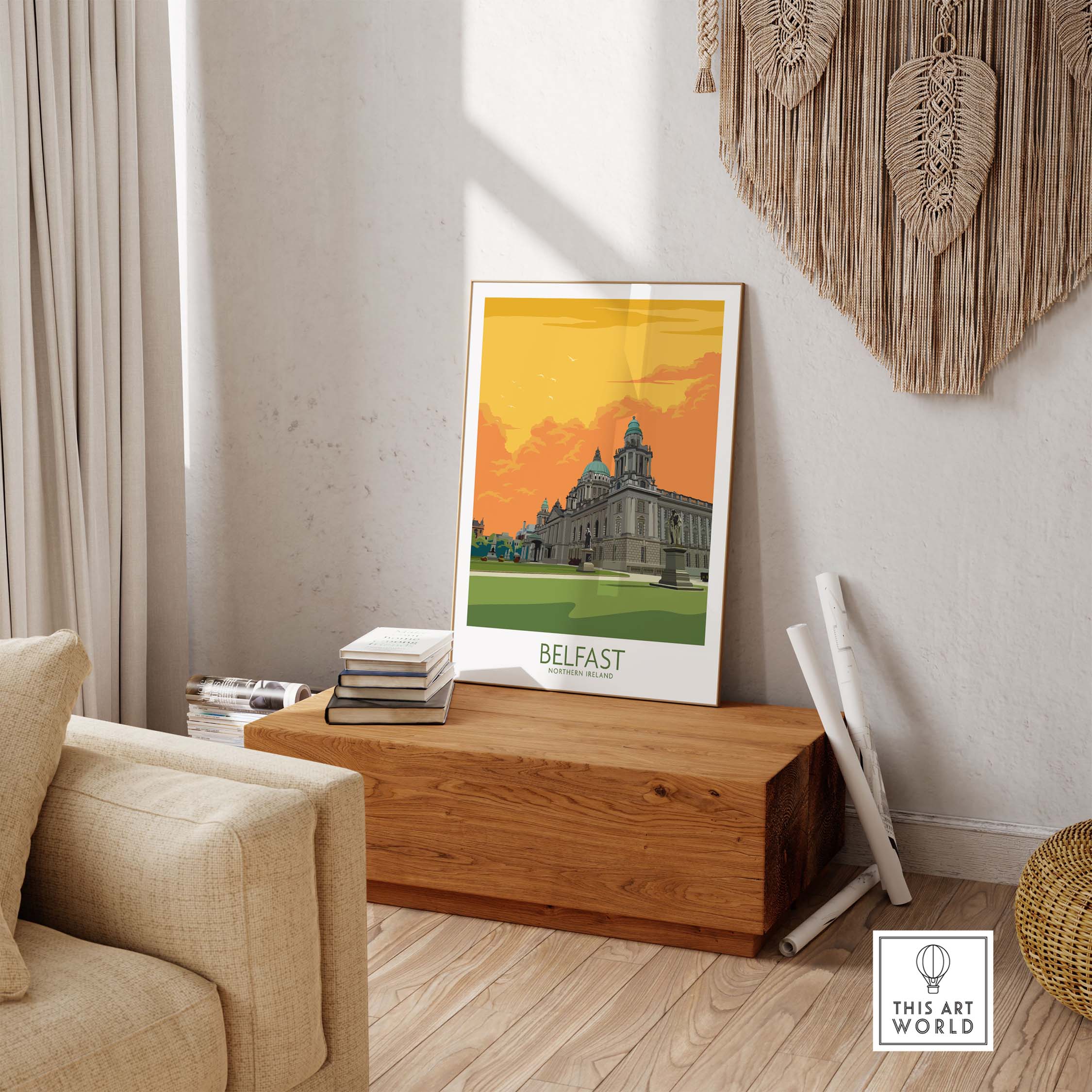 Belfast poster displayed in a stylish living room, featuring vintage-inspired travel art for home decor.