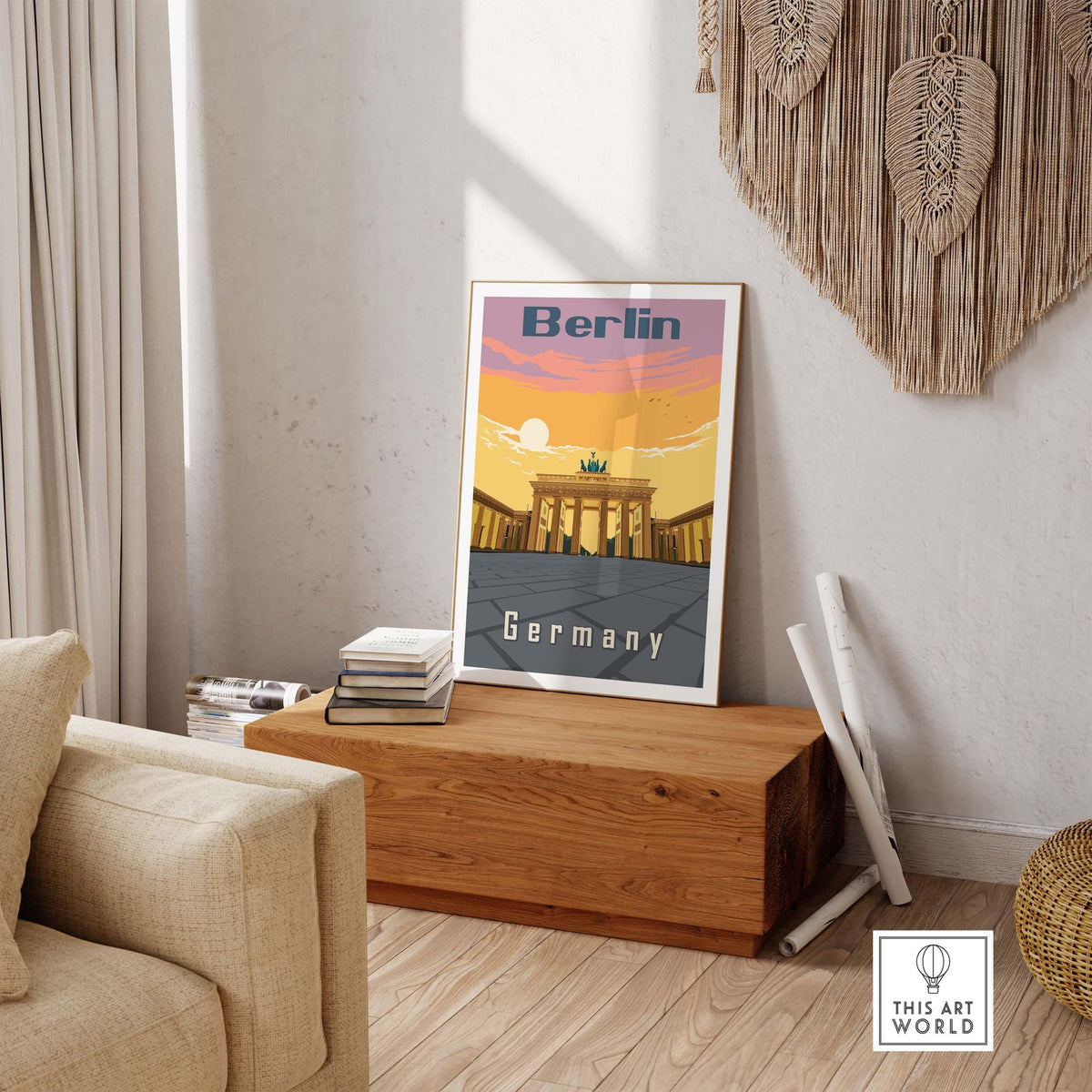 Berlin poster print showcasing the Brandenburg Gate, stylish travel wall art for home decor.