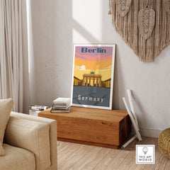 Berlin poster print showcasing the Brandenburg Gate, stylish travel wall art for home decor.