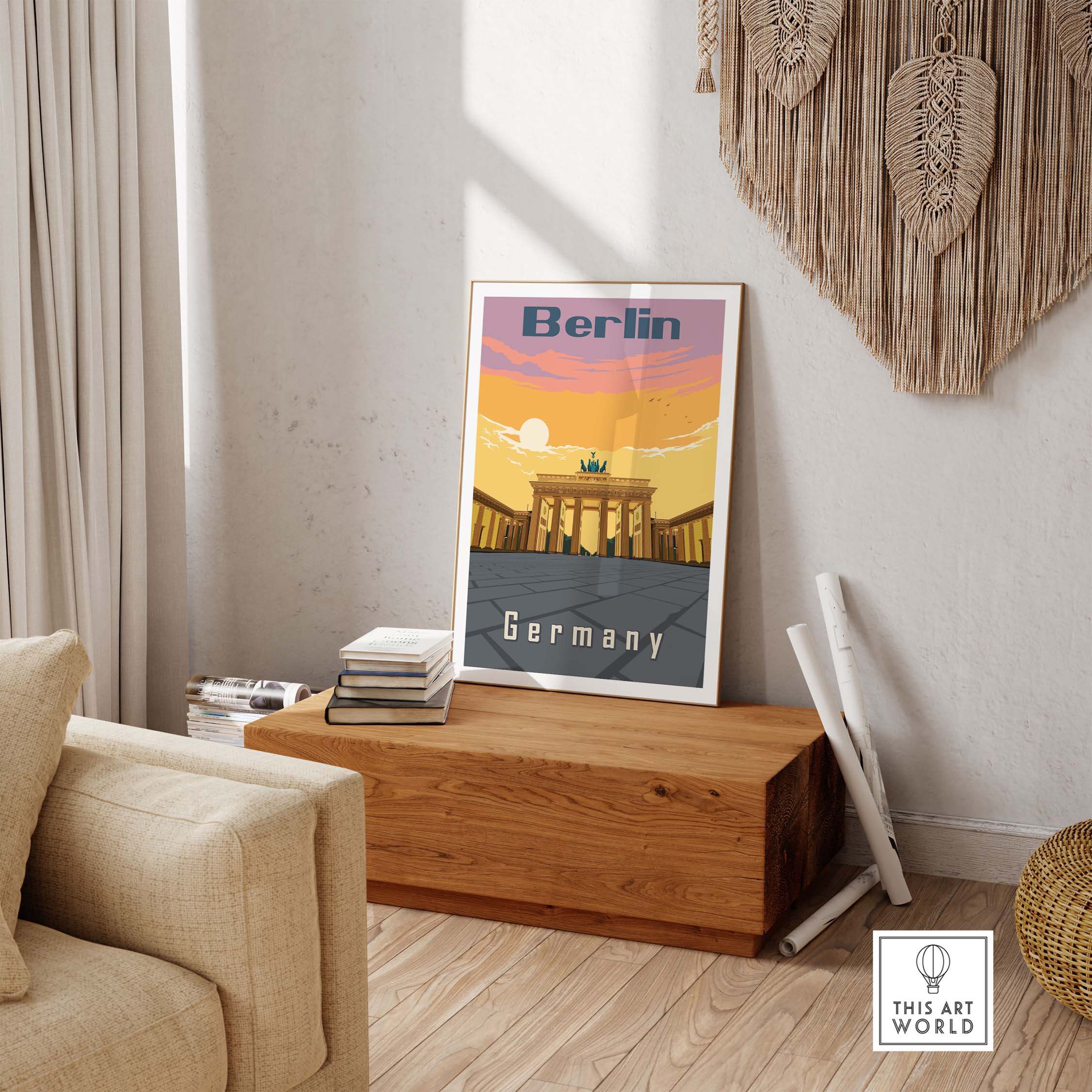 Berlin poster print showcasing the Brandenburg Gate, stylish travel wall art for home decor.